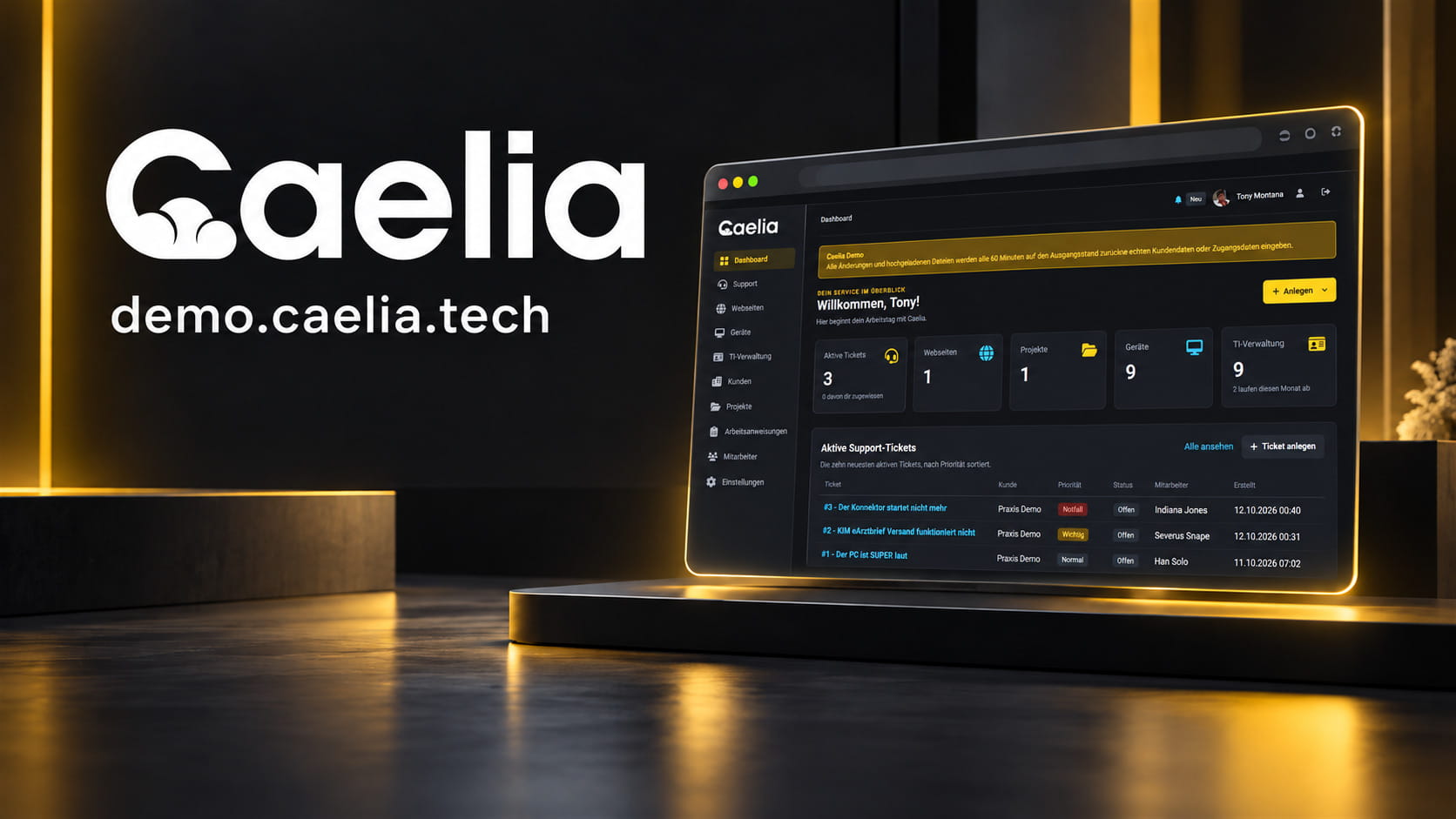 Caelia-Logo und Demo-Adresse neben einer illustrierten Softwareoberfläche mit gelben Akzenten.